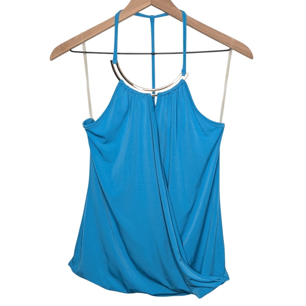 Body Central Juniors Womens XL Blue Faux Wrap Gold Chain Halter Tank Top Y2K